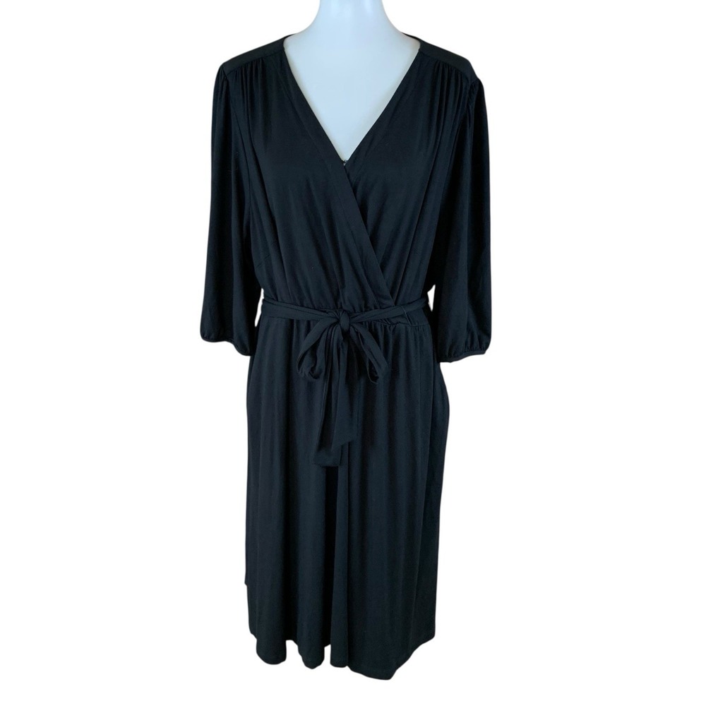 Draper James‎ RSVP 1X Black Wrap Midi Dress Belted Elegant Minimalist Stretch